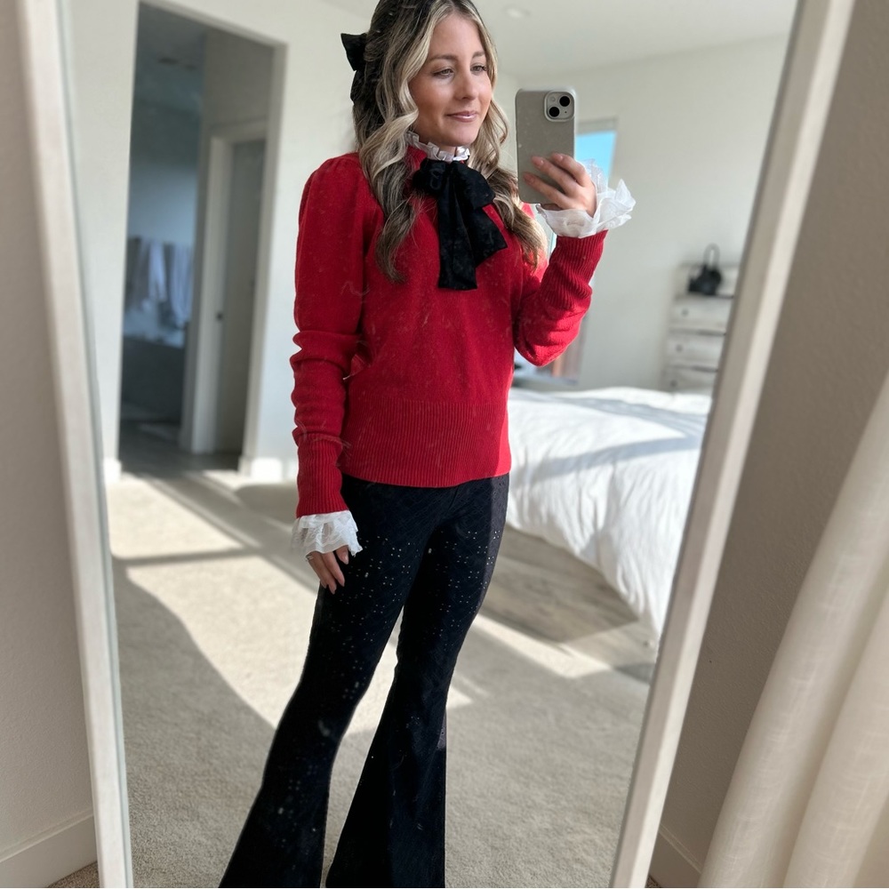 SANDRO Paris Lezard Red Wool Sweater With Silk Bow- Used Very good condition! S1